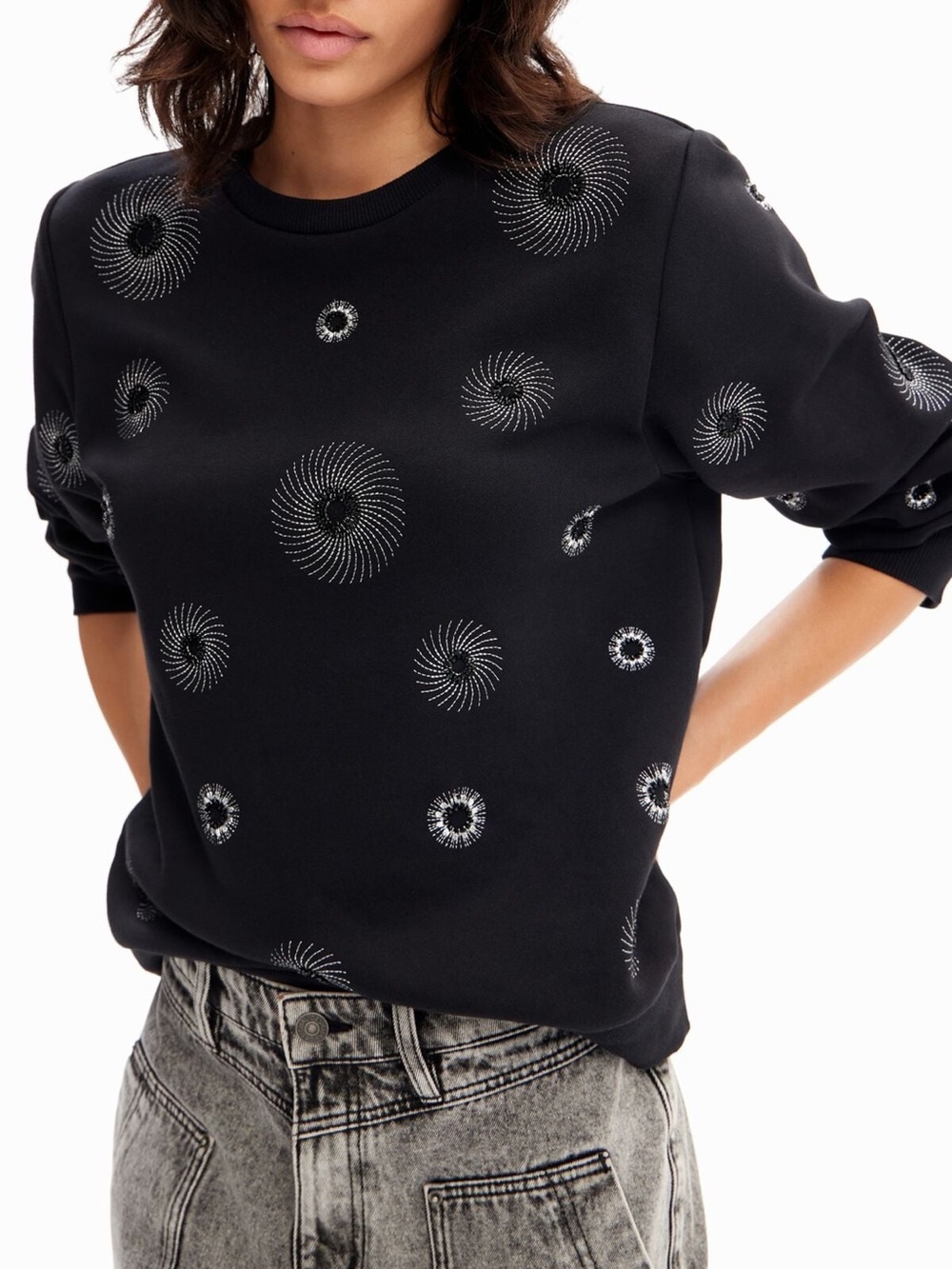 Desigual Metallic Geometric Bead Embroidered Crewneck Sweatshirt M Black Silver